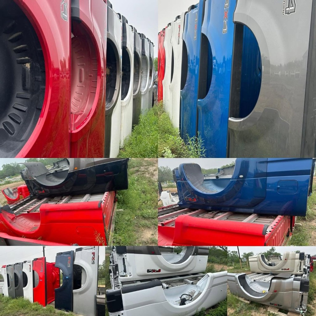 Collage showing pickup truck beds in several colors and storage positions
